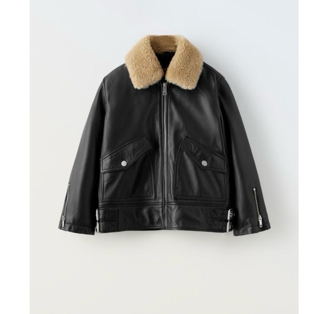 Kids Black Leather Jacket with Faux Shearling Fur Collar